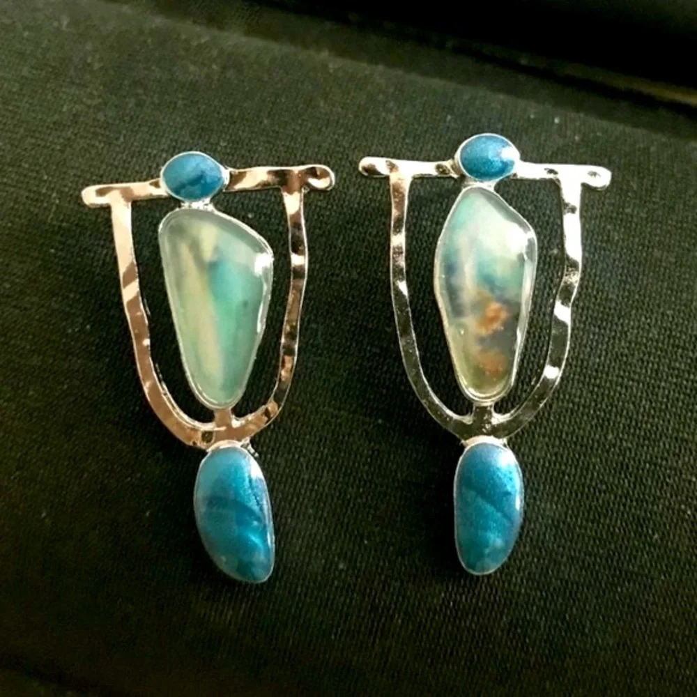 Silver Turquoise Drop Earrings - Blue-Green Stones